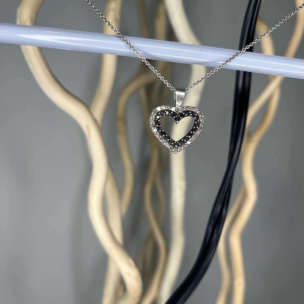 Sterling Silver Black and White Diamond Heart Outline Necklace